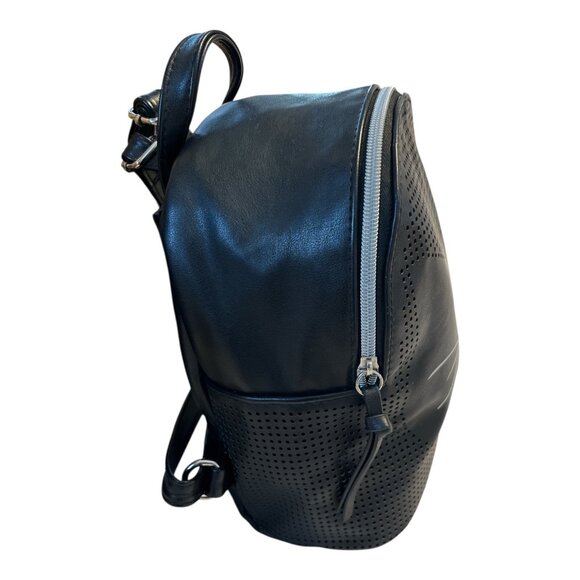 Cat-Face Faux Leather Mini Backpack – Black Perforated Whiskers Design – 9x8x4” - Picture 3 of 9